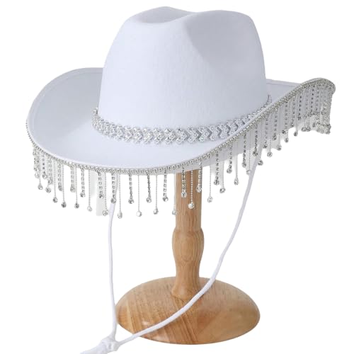 Fldy Damen Cowboy Cowgirl Hut Mit Glitzer Strass-Fransen Party Halloween Karneval Fasching Party Kostüm Zubehör Mütze Weiß Einheitsgröße von Fldy