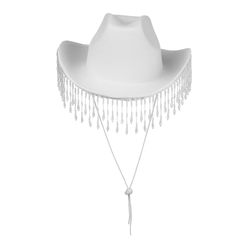 Fldy Damen Cowgirl Hut Glitzer Western Cowboy Hut mit Kunstdiamant-Fransen Party Halloween Karneval Kostümzubehör Kopfbedeckung Wassertropfen-Fransen Einheitsgröße von Fldy