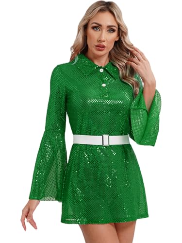 Fldy Damen Disco Kostüm 60er 70er Jahre Glitzer Kleid Pailletten Partykleid Fasching Karneval Kostüm Festival Rave Outfit Grün XXL von Fldy