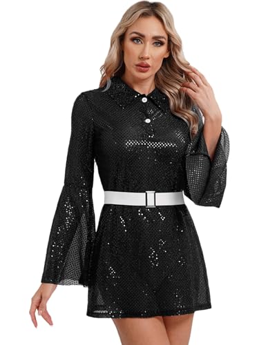 Fldy Damen Disco Kostüm 60er 70er Jahre Glitzer Kleid Pailletten Partykleid Fasching Karneval Kostüm Festival Rave Outfit Schwarz 3XL von Fldy