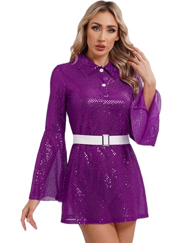 Fldy Damen Disco Kostüm 60er 70er Jahre Glitzer Kleid Pailletten Partykleid Fasching Karneval Kostüm Festival Rave Outfit Violett S von Fldy