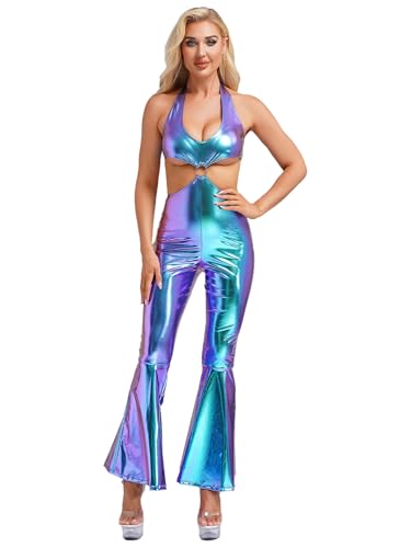 Fldy Damen Disco Kostüm Glitzer 60er 70er Jahre Disco Kleidung Neckholder Metallic Overall Rückenfrei Retro Party Halloween Faschingskostüme Blau S von Fldy