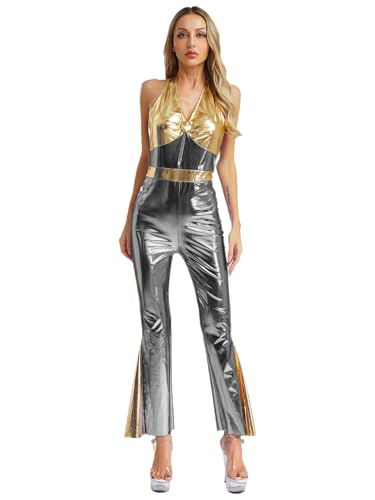 Fldy Damen Disco Outfit 70er 80e Jahre Glitzernd Metallic Ausgestellter Overall Neckholder Jumpsuit Party Karneval Kostüm Grau M Fldy Damen Disco Outfit 70er 80e Jahre Glitzernd Metallic Ausgestellter Overall Neckholder Jumpsuit Party Karneval Kostüm Grau M von Fldy