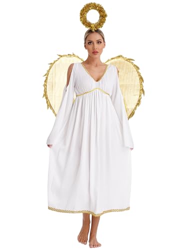 Fldy Damen Engel Kostüm Engel Kleid Mit Heiligenschein Und Flügeln Für Erwachsene Weihnachten Party Karneval Verkleidung Gold 4XL von Fldy