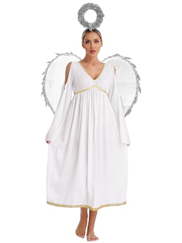 Fldy Damen Engel Kostüm Engel Kleid Mit Heiligenschein Und Flügeln Für Erwachsene Weihnachten Party Karneval Verkleidung Silber 4XL von Fldy