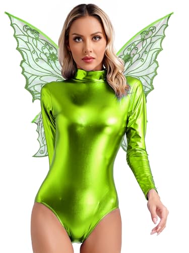 Fldy Damen Fee Kostüm Glänzend Schmetterling Flügel Metallic Holographic Body Set Glitzer Karneval Fasching Kostüm Cosplay Party Outfit Grün M von Fldy