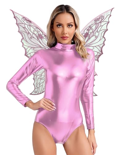 Fldy Damen Fee Kostüm Glänzend Schmetterling Flügel Metallic Holographic Body Set Glitzer Karneval Fasching Kostüm Cosplay Party Outfit Rosa M von Fldy