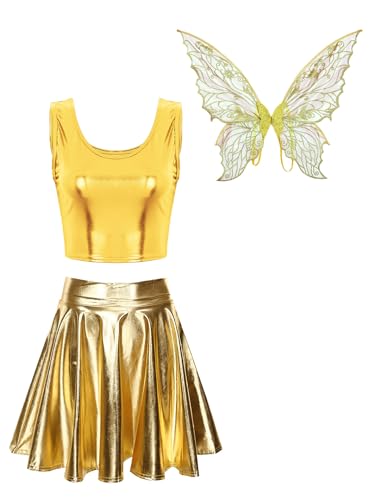 Fldy Damen Feen Kostüm Schmetterling Fee Flügel Metallic Top Rock 3er Set Erwachsene Halloween Karnevalskostüme Party Outfit Gold S von Fldy