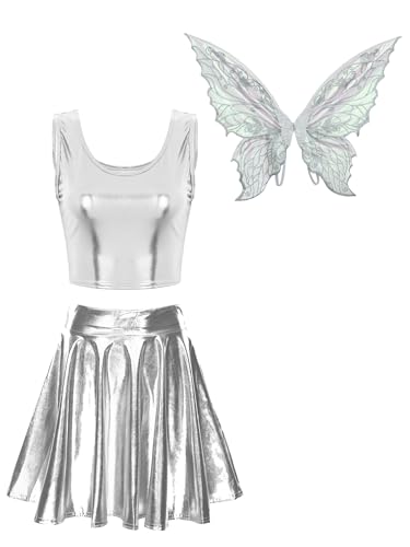 Fldy Damen Feen Kostüm Schmetterling Fee Flügel Metallic Top Rock 3er Set Erwachsene Halloween Karnevalskostüme Party Outfit Silber S von Fldy