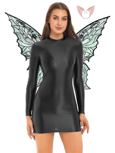 Fldy Damen Feen Kostüm Schmetterling Fee Flügel Öl Glänzend Mini Kleid Eng Set Frauen Halloween Karnevalskostüme Glitzer Party Outfit Schwarz XL von Fldy