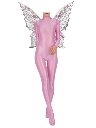 Fldy Damen Feen Kostüm Set Glitzer Fee Schmetterling Flügel Glänzend Nylon Bodystocking Set Faschingskostüme Zahnfee Nymphe Cosplay Party Outfit Rosa M von Fldy