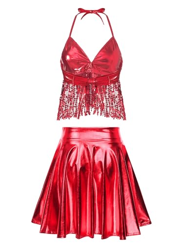 Fldy Damen Festival Outfit Rave Party Glitzer Pailletten Quasten BH Top Metallic Holografischer Rock Set Fashing Tanz Clubwear Rot S von Fldy