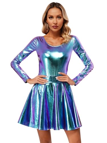 Fldy Damen Glänzend Metallic Body Holographic Mini Skater Rock Glitzer Rave Outfit Space Party Fasching Disco Tanzkostüm Clubwear Bunt S von Fldy