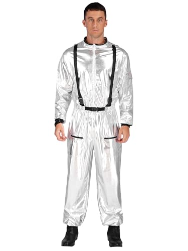 Fldy Damen Herren Astronaut Kostüm Weltraum Metallic Jumpsuit Halloween Karneval Kostüm Space Party Cosplay Kleidung Silber/Blau Silber 3XL von Fldy