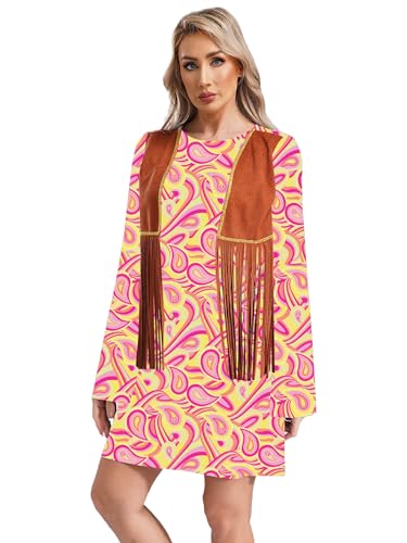 Fldy Damen Hippie Kleid Mit Fransenweste 60er Jahre 70er Jahre Hippie Disco Kostüm Schlager Kleidung Für Karneval Party Halloween Orange M von Fldy