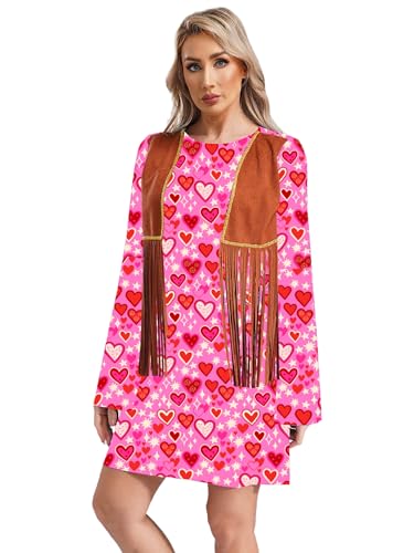 Fldy Damen Hippie Kleid Mit Fransenweste 60er Jahre 70er Jahre Hippie Disco Kostüm Schlager Kleidung Für Karneval Party Halloween Rosa-Herz M von Fldy