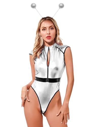 Fldy Damen Kostüm Alien Space Girl Haarreif Glänzend Metallic Body Set Holographic Fasching Kostüm Space Cop Festival Cosplay Party Outfit Silber M von Fldy