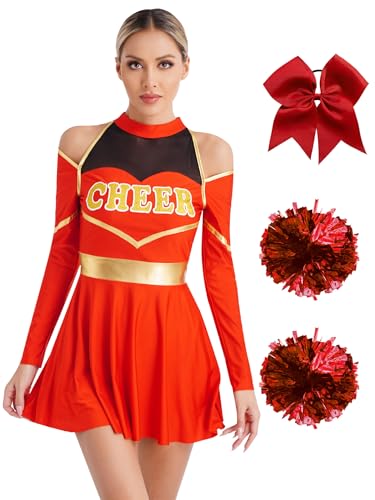 Fldy Damen Kostüm Cheer Leader Kleid Langarm Cheerleading Pompons Haargummi Set Halloween Karneval Kostüm Rot XXL von Fldy