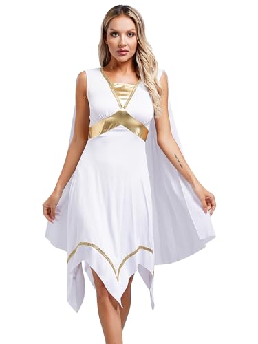 Fldy Damen Kostüm Griechische Göttin Kleid Antike Römische Göttin Kleid Mit Cape Umhang Frauen ägyptisches Kostüm Mottoparty Karneval Faschingskostüme Weiß XL von Fldy