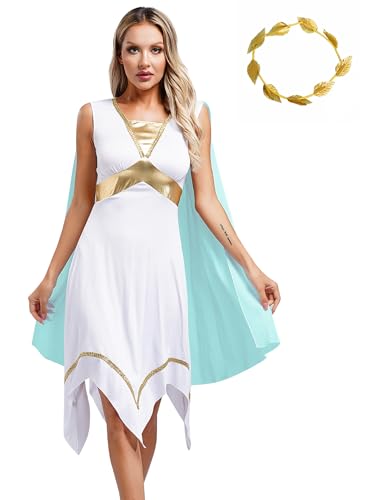 Fldy Damen Kostüm Griechische Göttin Kleid Gold Blatt Kopfschmuck Outfit Griechen Römer Ägypten Kostüm Für Karneval Halloween Party Hellblau L von Fldy