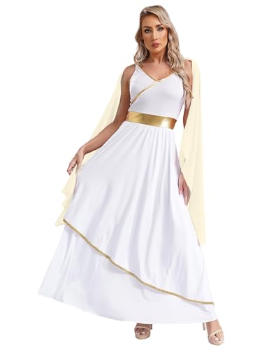 Fldy Damen Kostüm Griechische Göttin Kleid Griechische Toga Mit Cape Faschnacht Karnevalskostüm Olympia Venus Aphrodite Cosplay Champagne S von Fldy