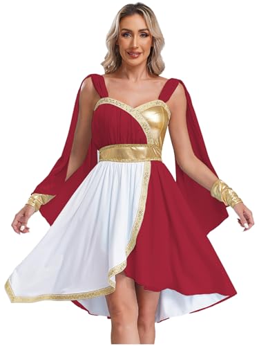 Fldy Damen Kostüm Griechische Göttin Kleid ägyptisches Kostüm Antike Römische Göttin Kleid Mit Cape Umhang Frauen Party Karneval Faschingskostüme Burgundy L von Fldy