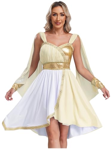 Fldy Damen Kostüm Griechische Göttin Kleid ägyptisches Kostüm Antike Römische Göttin Kleid Mit Cape Umhang Frauen Party Karneval Faschingskostüme Champagne L von Fldy