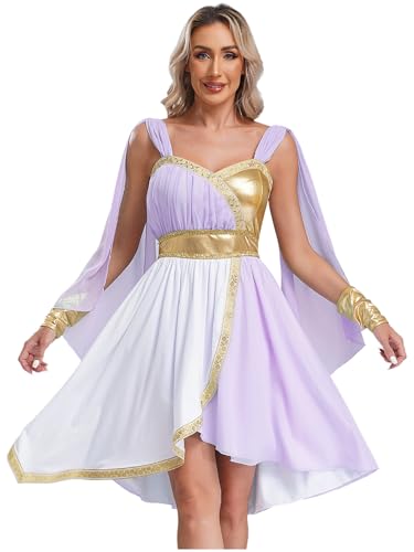 Fldy Damen Kostüm Griechische Göttin Kleid ägyptisches Kostüm Antike Römische Göttin Kleid Mit Cape Umhang Frauen Party Karneval Faschingskostüme Lavendel L von Fldy