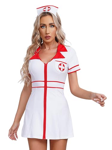 Fldy Damen Kostüm Krankenschwester Kleid Hut-Haarreif Set Halloween Karneval Kostüm OP Schwester Arzthelferin Uniform Cosplay Set Weiß L von Fldy