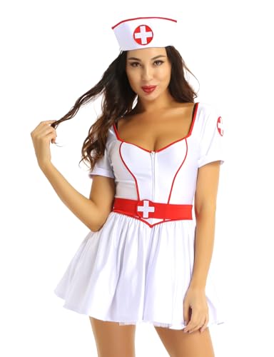 Fldy Damen Kostüm Krankenschwester Kleid Und Hut-Stirnband Halloween Karneval Kostüm OP Schwester Arzthelferin Uniform Cosplay Set Weiß XL von Fldy