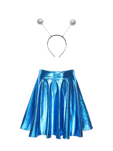 Fldy Damen Kostüm Space Girl Alien Haarreif Glänzend Metallic Skater Rock Set Weltall Kostüm Karneval Fasching Mottoparty Outfits Blau S von Fldy