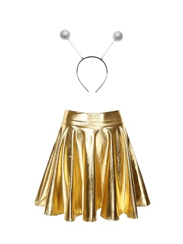 Fldy Damen Kostüm Space Girl Alien Haarreif Glänzend Metallic Skater Rock Set Weltall Kostüm Karneval Fasching Mottoparty Outfits Gold S von Fldy