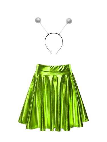 Fldy Damen Kostüm Space Girl Alien Haarreif Glänzend Metallic Skater Rock Set Weltall Kostüm Karneval Fasching Mottoparty Outfits Grün XL von Fldy