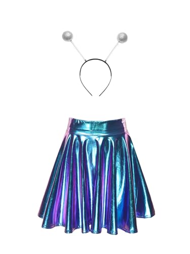 Fldy Damen Kostüm Space Girl Alien Haarreif Glänzend Metallic Skater Rock Set Weltall Kostüm Karneval Fasching Mottoparty Outfits Lase-Blau L von Fldy