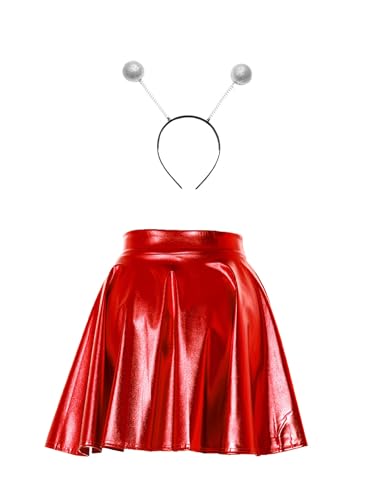 Fldy Damen Kostüm Space Girl Alien Haarreif Glänzend Metallic Skater Rock Set Weltall Kostüm Karneval Fasching Mottoparty Outfits Rot M von Fldy