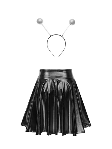 Fldy Damen Kostüm Space Girl Alien Haarreif Glänzend Metallic Skater Rock Set Weltall Kostüm Karneval Fasching Mottoparty Outfits Schwarz S von Fldy