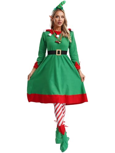 Fldy Damen Kostüm Weihnachtself Kobold Kleid Mit Elfenohren Haarreif Elf Schuhe Strümpfe Glöckchen Gürtel Erwachsene Karneval Weihnachtskostüm Rot XL von Fldy