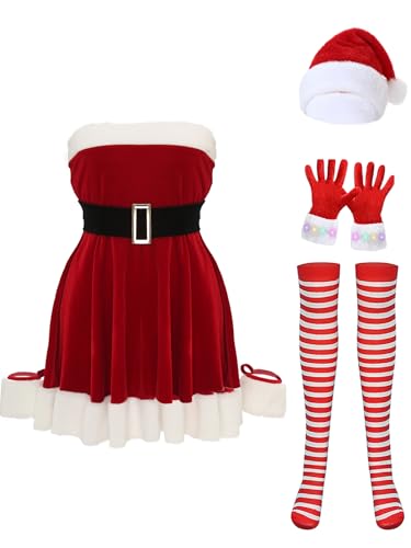 Fldy Damen Kostüm Weihnachtsfrau Miss Santa Kleid Schulterfrei Gürtel Mütze Strümpfe Und Leuchtend-Handschuhe Weihnachten Party Outfit Rot L von Fldy