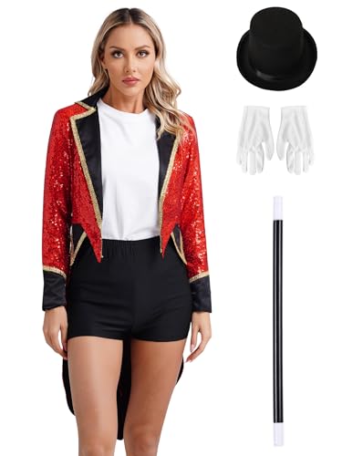 Fldy Damen Kostüm Zirkus Ringmaster Jacke Glitzer Frack Hut Handschuhe Und Zauberstab 4er Set Halloween Karneval Kostüm Rot 3XL von Fldy