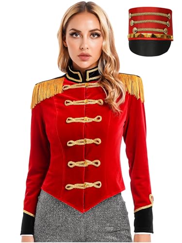 Fldy Damen Kostüm Zirkus Ringmaster Jacke Mit Fransen-Epaulette Und Bandhut Royal Guard Kostüm Fasching Halloween Show Outfit Rot 3XL von Fldy