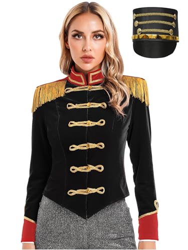 Fldy Damen Kostüm Zirkus Ringmaster Jacke Mit Fransen-Epaulette Und Bandhut Royal Guard Kostüm Fasching Halloween Show Outfit Schwarz S von Fldy