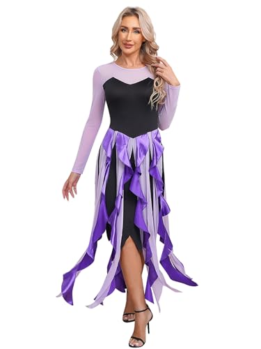 Fldy Damen Meerhexe Meerjungfrau Kostüm Kleid Böse Hexenkleid Mesh Patchwork Maxikleid Halloween Kostüm Karneval Partykleid Violett L von Fldy