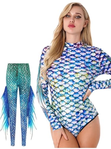 Fldy Damen Meerjungfrau Kostüm Meerjungfrau Hose Leggings Langarm Body Mermaid Karneval Kostüm Fasching Mottoparty Cosplay Outfit Bunt L von Fldy