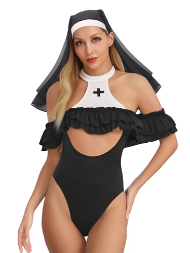 Fldy Damen Nonne Kostüm Halloween Kopfschmuck Body Faschingskostüm Klosterfrau Bynny Girl Outfit Rollenspiel Party Set Schwarz L Fldy Damen Nonne Kostüm Halloween Kopfschmuck Body Faschingskostüm Klosterfrau Bynny Girl Outfit Rollenspiel Party Set Schwarz L von Fldy
