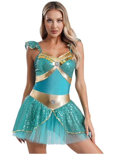 Fldy Damen Orient Arabische Prinzessin Kostüm Kleid Pailletten Tutu Ballett Tanzkleid Trikot Fasching Halloween Kostüm Party Verkleidung Türkis XXL Fldy Damen Orient Arabische Prinzessin Kostüm Kleid Pailletten Tutu Ballett Tanzkleid Trikot Fasching Halloween Kostüm Party Verkleidung Türkis XXL von Fldy