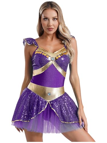 Fldy Damen Orient Arabische Prinzessin Kostüm Kleid Pailletten Tutu Ballett Tanzkleid Trikot Fasching Halloween Kostüm Party Verkleidung Violett 3XL von Fldy