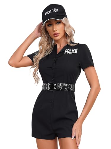 Fldy Damen Polizei Kostüm Body Kurzarm Polizistin Overall Polizei Accessoires Set Halloween Karneval Kostüm Wachtmeister Rollenspiel Outfit Schwarz S von Fldy