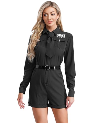 Fldy Damen Polizei Kostüm Overall Kurz Und Gürtel Krawatte 3er Polizistin Outfit Fasching Halloween Kostüm Party Clubwear Schwarz 3XL von Fldy