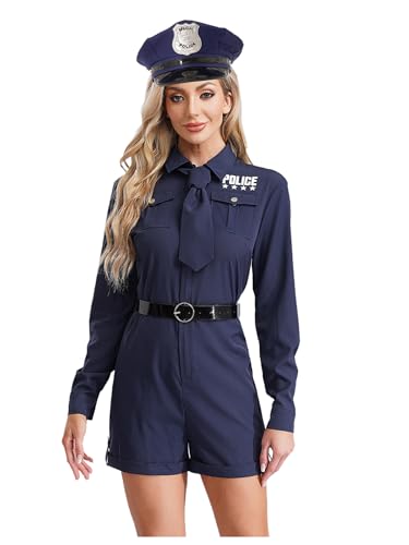 Fldy Damen Polizistin Kostüm Langarm Kurzer Overall Polizei Kostüm Accessoires 4 Teiler Set Halloween Fasching Kostüm Cosplay Party Clubwear Marineblau 3XL von Fldy