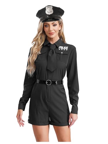 Fldy Damen Polizistin Kostüm Langarm Kurzer Overall Polizei Kostüm Accessoires 4 Teiler Set Halloween Fasching Kostüm Cosplay Party Clubwear Schwarz 3XL von Fldy